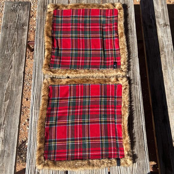Newport Plaid Flannel Fur Trim Pillow Covers Set of 2 | 19x19 Red Cabin Holiday - Picture 2 of 16